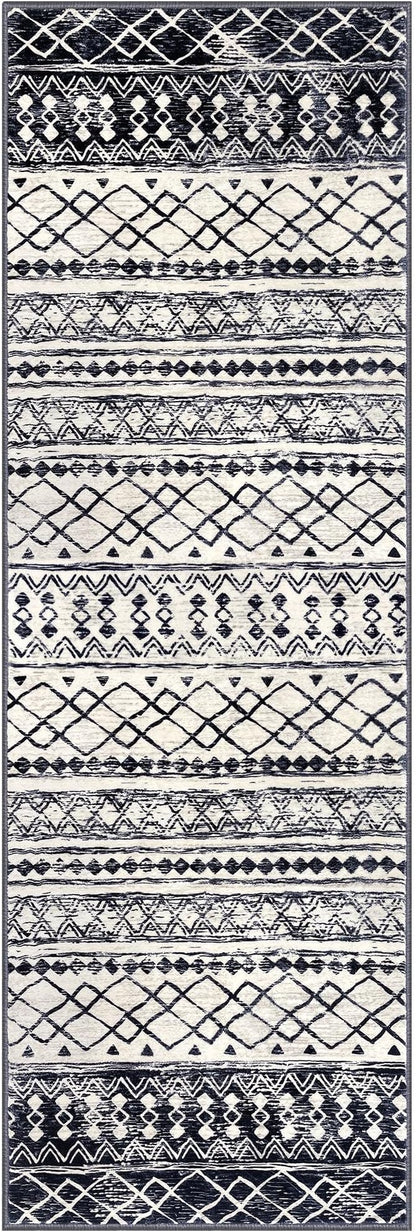 KUTA Moroccan Washable Runner Rug 2.6x8, Non-Slip Vintage Black Navy Blue Boho Hallway Runners Rugs Ultra Soft Print Distressed Geometric Floor Carpet for Bedroom Laundry Living Room