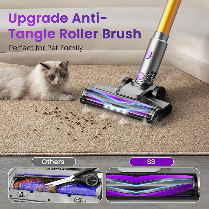 S3 Cordless Vacuum Cleaner, 45kPa Powerful Suction Vacuum Cleaners for Home, 55-Min Runtime Rechargeable Stick Vacuum, Self-Standing, for Pet Hair Carpet Hard Floor, LED Display