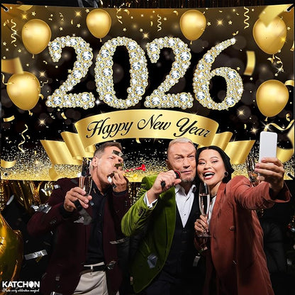 Katchon, Xtralarge Happy New Year Banner - 72x44 Inch | Happy New Year 2026 Banner for New Years Decorations 2026 | New Years Backdrop for New Years Eve Party Supplies 2026 | NYE Decorations 2026