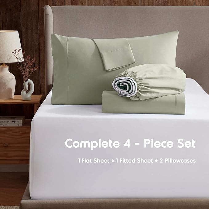 Nestl Short Queen Sheet Set - 1800 Ultra-Soft Microfiber - Double Brushed - Deep Pockets - Easy Fit - 4 Piece Set - Bed Sheets (Short Queen, Light Green)