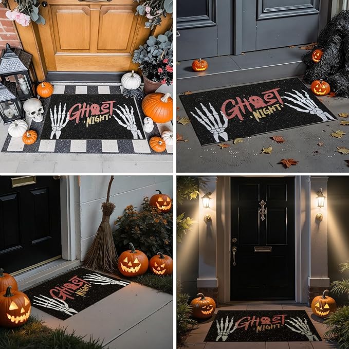 Halloween Door Mat, Halloween Doormat Outdoor Front Door Entrance Absorbent Entry Mat with Non Slip Backing, 17''x30'', Skeleton Hands Black