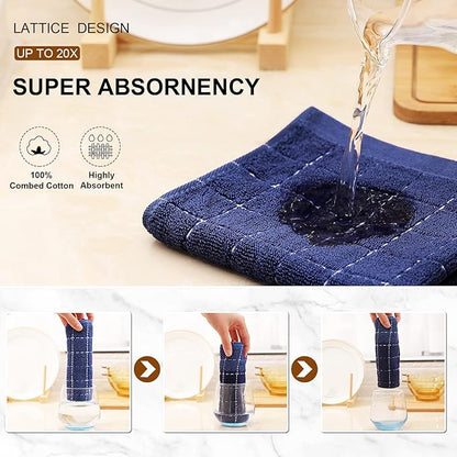Mordimy 100% Cotton Terry Cloth Kitchen Towels, Super Soft and Absorbent Dish Towels for Drying, Checkered Designed Hand Towels for Kitchen, 16 x 26 Inches, 8 Pack, Navy