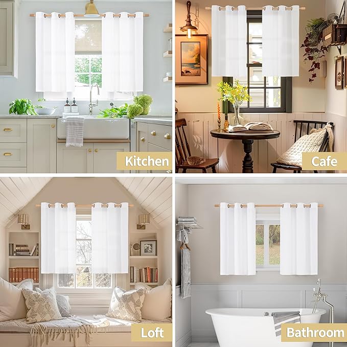 YoungsTex Short White Linen Curtains 30 Inch Length for Kitchen Bronze Grommet Light Filtering Small Drapes Window Decorative for Cafe Loft, 42 X 30 Inch, 2 Panels
