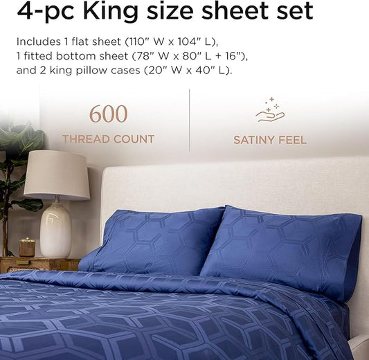 Threadmill 100% Cotton Sheets for King Size Bed - 600 Thread Count King Bed Sheets Set with 16” Deep Pocket - Jacquard Sateen Weave 4-Piece Bedding Set with Cooling Effect, Folkstone Blue
