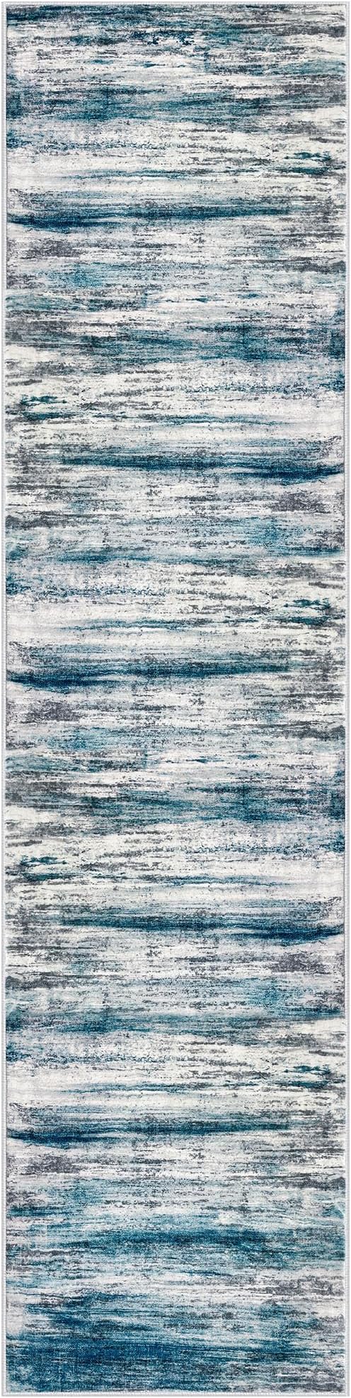 KOZYFLY Modern Abstract Runner Rug, 2x8 Kitchen Rugs Non-Slip Washable Soft Striped Hallway Runner Rugs, Print Blue Carpet Runner for Entryway Bathroom Laundry Room Foyer