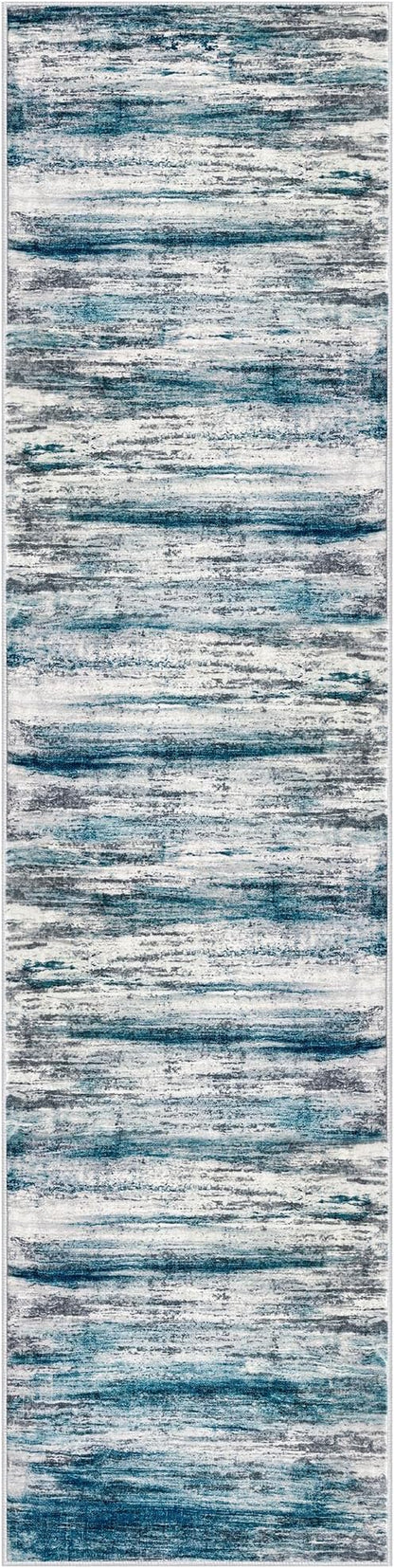 KOZYFLY Modern Abstract Runner Rug, 2x8 Kitchen Rugs Non-Slip Washable Soft Striped Hallway Runner Rugs, Print Blue Carpet Runner for Entryway Bathroom Laundry Room Foyer