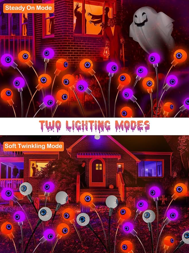 6 Pack Halloween Decorations Outdoor Solar Eyeball Lights, Purple and Orange Scary Eyeball Swaying Firefly Lights with 2 Modes, Waterproof Halloween Pathway Lights for Yard Garden Lawn Party Decor