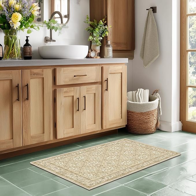 Warm Beige Small 2x3 Rug, Boho Floral Moroccan Printed Door Rugs for Entryway Indoor, Washable Non Slip Low Pile Thin Soft Door Mat Indoor Entrance for Kitchen Bathroom Laundry Room Bedside
