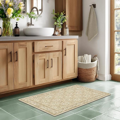 Warm Beige Small 2x3 Rug, Boho Floral Moroccan Printed Door Rugs for Entryway Indoor, Washable Non Slip Low Pile Thin Soft Door Mat Indoor Entrance for Kitchen Bathroom Laundry Room Bedside