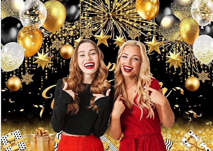 CYLYH 10X8FT 2026 New Year Backdrop Black and Gold Background New Year Holiday Party Banner Backdrop Christmas Party Decorations Banner