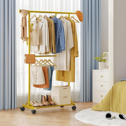 FAVOOSTY Clothes Rack for Hanging Clothes, Rolling & Extending Clothing Rack with Wheels, Garment Coat Rack Freestanding, Portable Closet Organizers and Storage Laundry Room Bedroom, Gold