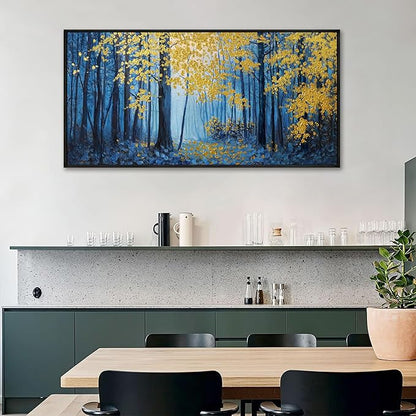 KLAKLA Blue and Gold Tree Wall Art - Birch Tree Forest Painting Pictures Framed Artwork for Living Room Bedroom Office Canvas Print Art Gorgeous Landscape Wall Art Home Decoration - 48x24 Inches