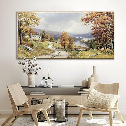 KLAKLA Landscape wall art - Autumn Rustic Field Burnt Orange Tree Landscape PictureC anvas Frame Artwork Farm Log Cabin Farm Wall Decor for Living Room Bedroom Office - 58x29 Inches