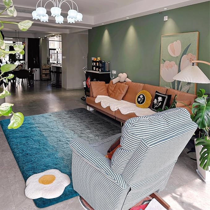 DweIke Luxury Fluffy Kids Rugs for Living Room Bedroom, 5x8 Large Shaggy Black and Blue Area Rug for Girls Boys, Upgrade Plush Non-Slip and Washable Colorful Fuzzy Carpet for Dorm Nursery Decor