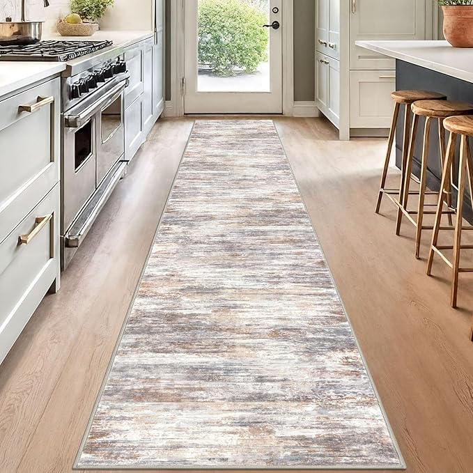 KOZYFLY Modern Abstract Runners for Hallways 2x12 Washable Rug Runner Non-Slip Soft Striped Kitchen Runner Rug, Multi Grey Print Carpet Runner for Entryway Bathroom Laundry Room Foyer