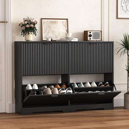 Shoe Cabinet Storage for Entryway with 4 Flip Drawers, Black Fluted Shoe Cabinet with Adjustable Shelves, Wooden Hidden Shoe Rack Freestanding Narrow Slim Shoes Storage for Hallway, Entrance