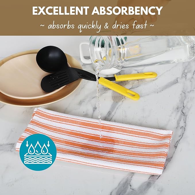 Native Fab Orange Kitchen Towels - 12 Pack - 16x26 inches - Basket Weave Stripe Towels with Hanging Loop, Absorbent Cotton Towel for Cleaning, Drying Dishes, Washable Dish Cloths Set- Orange
