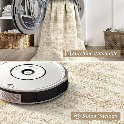 2x5 Rug Runner Washable for Entryway, Soft Bathroom Rugs with Non-Slip Backing, Abstract Low Pile Hallway Runner, Vintage Small Kitchen Carpet for Stair, Laundry Room(2'x5', Beige/Ivory)
