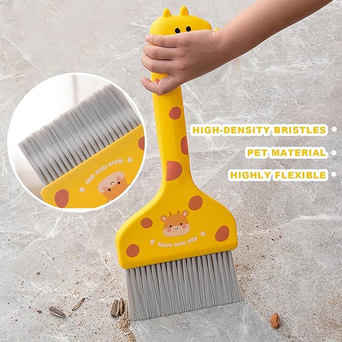 Small Broom with Dustpan Combo Set Cartoon Mini Broom and Dustpan Set Cute Cleaning Kit for Home Office Floor Counter Pet Nest (Brown)