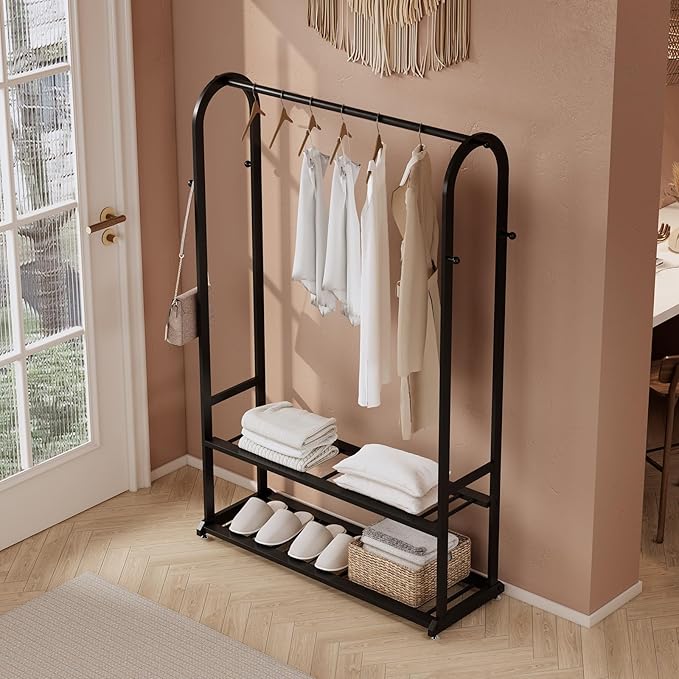 Heavy Duty Clothes Rack with Bottom Shelves & 6 side Hooks - Sturdy Metal Clothing Rack,Garment Racks for Hanging Clothes,can keep and organize your shoes and boxes in order