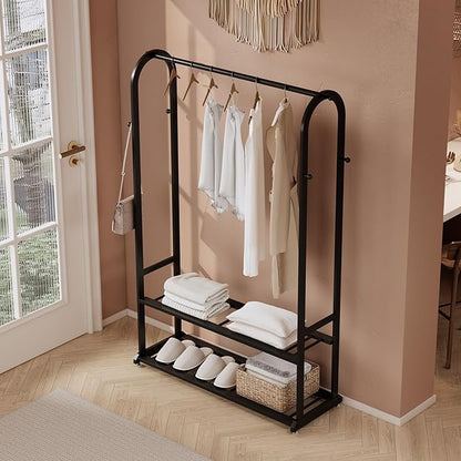 Heavy Duty Clothes Rack with Bottom Shelves & 6 side Hooks - Sturdy Metal Clothing Rack,Garment Racks for Hanging Clothes,can keep and organize your shoes and boxes in order
