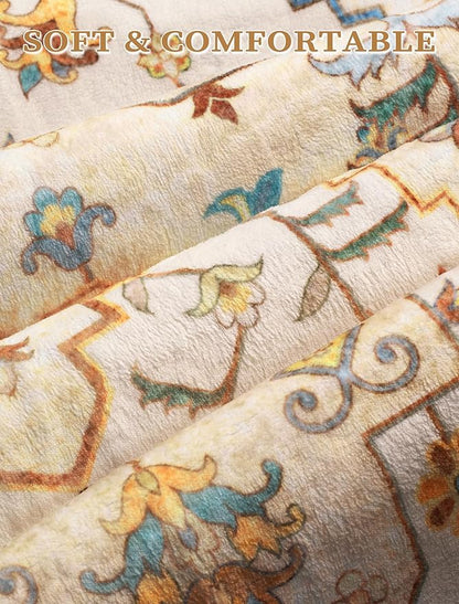 SERISSA Boho Washable Runner Rug, 2x5 Rug Runner Non-Slip Vintage Light Yellow Hallway Kitchen Runner Rug Ultra Soft Print Distressed Floor Carpet Runner for Bedroom Bathroom Laundry Living Room