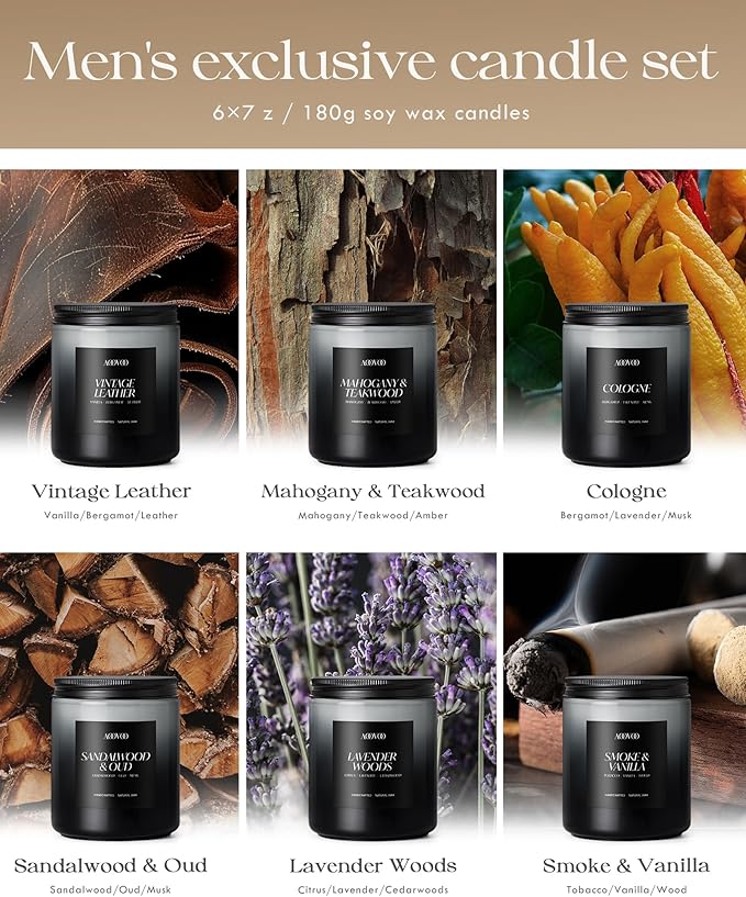 AOOVOO Scented Candles Set - 6 Pack Men Candles for Home Scented, 42 oz Soy Wax, 300 Hour Long Lasting Candle, Soy Candle Gifts Set for Men, Birthday, Valentine, Christmas, Anniversary Present