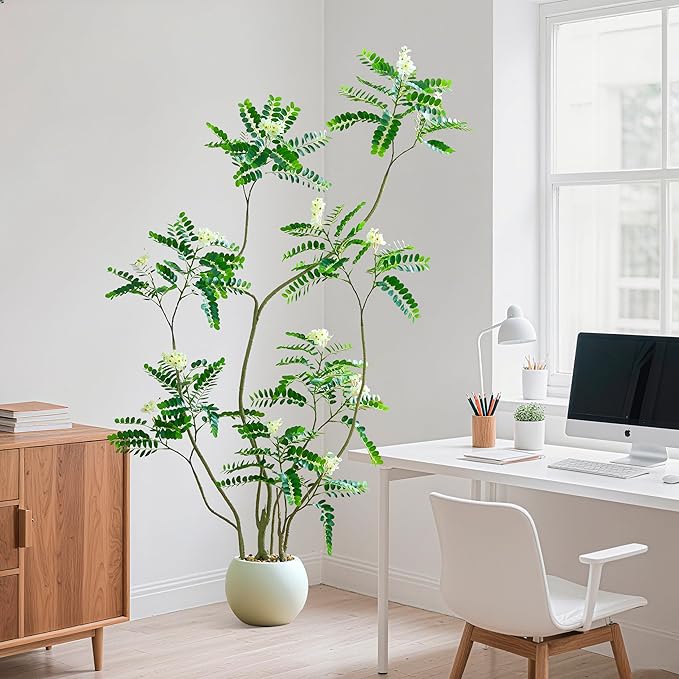 Artificial Locust Tree, 6FT Tall Artificial Plants Indoor with White Flowers & Pot, Large Floor Plant Faux Sophora Fake Flower Tree Silk Plants for Indoor Office Home Room Balcony Porch Decor