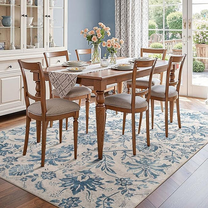 jinchan Floral 8x10 Area Rugs, Vintage-Inspired Design Accent Living Room Rug, Machine Washable Ultra-Thin Low-Pile Non-Slip Traditional Carpet for Bedroom Dining Room Home Office, Dark Blue