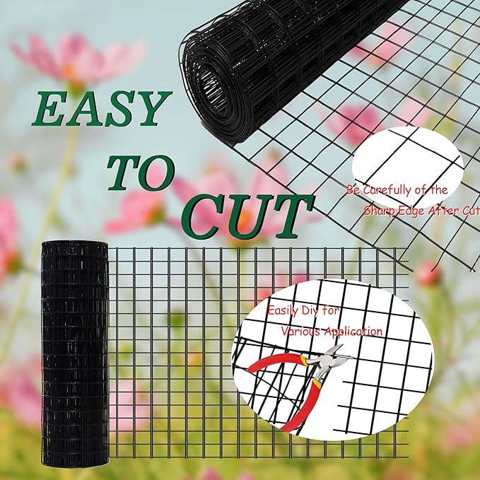 Black Metal Garden Fence, 60inch(H) x 50ft(L), 2 inch x 4 inch,12.5GA 2/3/4/5/6 Ft Tall Chicken Wire PVC Coated Welded Wire Mesh Roll for Dogs Border Yard Vegetable Plant Protection Poultry Netting