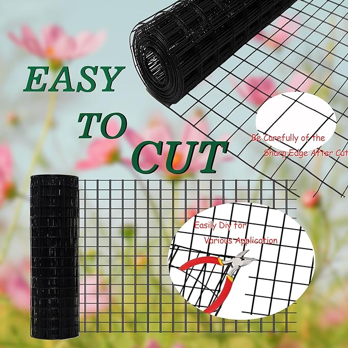 Black Metal Garden Fence, 60inch(H) x 100ft(L), 2 inch x 4 inch,12.5GA 2/3/4/5/6 Ft Tall Chicken Wire PVC Coated Welded Wire Mesh Roll for Dogs Border Yard Vegetable Plant Protection Poultry Netting