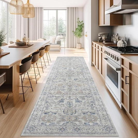 jinchan Hallway Runner Rug 3x10 Machine Washable - Vintage Floral Non-Slip Low-Pile Soft Ultra-Thin Faux Wool Kitchen Rug Distressed Carpet Runner for Farmhouse Bedroom Laundry Room (3x10ft,Blue)