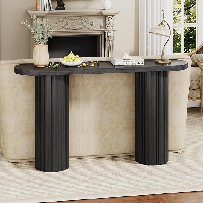 55 Inch Console Table, Fluted Entryway Table, Mid-Century Modern Sofa Table Behind The Couch, Hallway Tables, Curved Sofa Stand for Hallway, Living Room, Foyer Black
