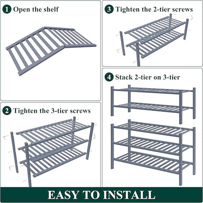 Smiry Bamboo Shoe Rack for Closet, 5 Tier Wooden Stackable Shoe Organizer, Free Standing Shoes Storage Shelf for Entryway, Front Door Entrance, Grey
