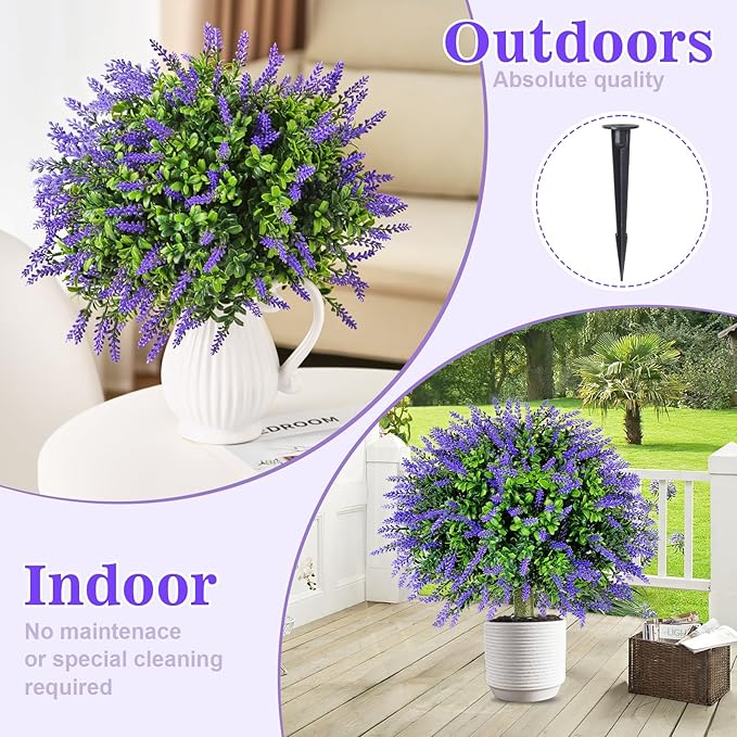 LAFORMO Artificial Lavender Topiary Ball Trees with Ground Spike, 2 Pack 15.7" UV Resistant Artificial Shrubs, Fake Evergreen Artificial Plant Brush for Indoor Outdoor Front Porch Garden