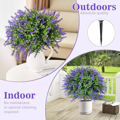 LAFORMO Artificial Lavender Topiary Ball Trees with Ground Spike, 2 Pack 15.7" UV Resistant Artificial Shrubs, Fake Evergreen Artificial Plant Brush for Indoor Outdoor Front Porch Garden