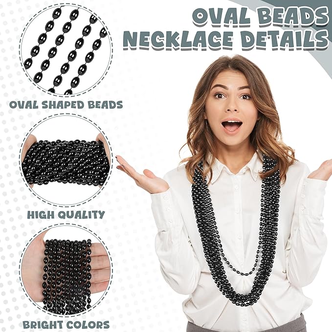 Black Mardi Gras Beads, 24PCS Black Bead Necklaces Bulk, 32" Oval Costume Halloween Beaded Necklaces, Festival Parade Throw for Halloween Wedding Party Events Stuff Accessories Supplies Decorations
