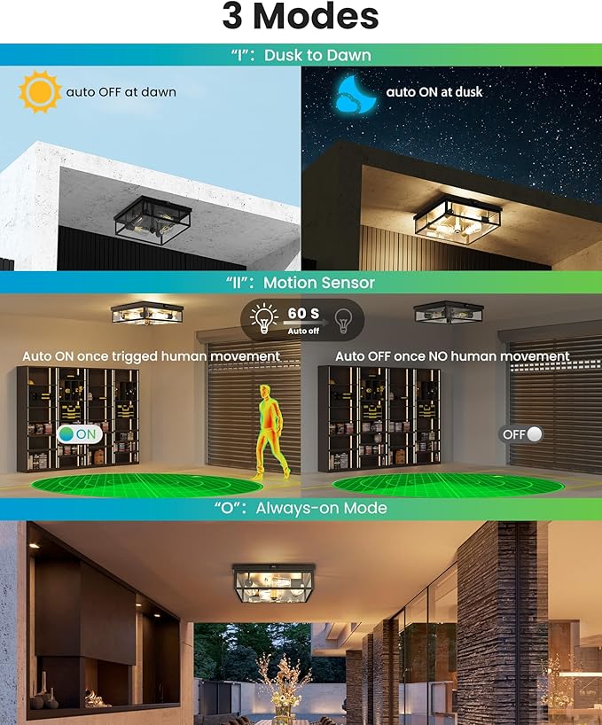 Caftersmark Outdoor Ceiling Light with Motion Sensor, Flush Mount Porch Ceiling Light, lear Glass with Dusk to Dawn 4-Light Close to Ceiling Light Fixture for Patio,Porch,Garage(14 in)