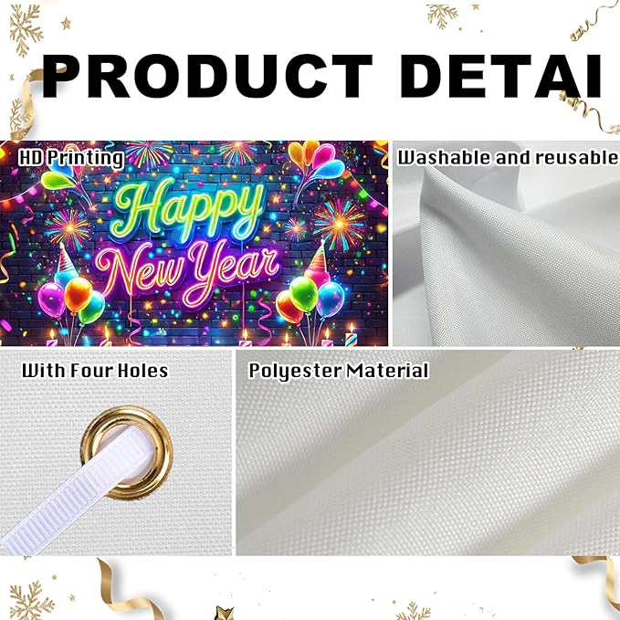 Nuxovilar Happy New Year Banner, Colorful Fireworks Neon Lights Backdrop for Party Decorations, 71x43 Inch