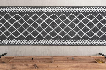 14 Ft Non-Slip Grey Soft Indoor Bohemian Trellis Hallway Kitchen Runner Rug, 2'7" X 14' Washable Carpet - Rubber Backed, Custom Size Floor Mat for Entryway Stairs Bedroom Bathroom