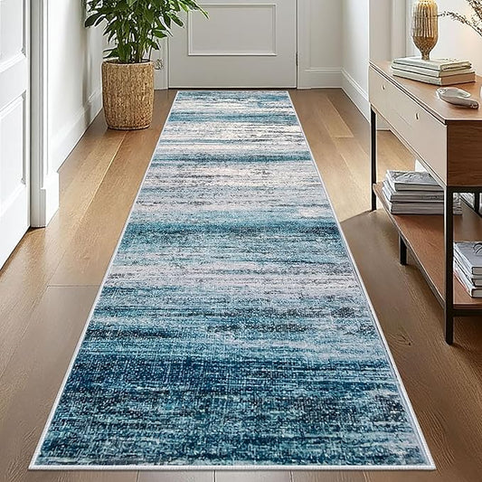 KOZYFLY Modern Abstract Hallway Runner Rug, 2.6x10 Washable Rug Runner Non-Slip Soft Striped Kitchen Runner Rugs, Print Blue Carpet Runner for Entryway Bathroom Laundry Room Foyer