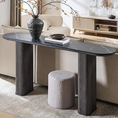 OKD 63" Modern Console Table with Arc Marble Texture Top, Fluted Wood Base, Contemporary Entryway Sofa Table for Living Room, Hallway, Foyer, Dark Alder