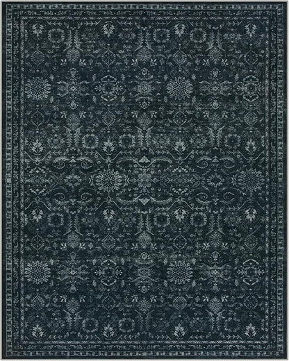 Lahome Black Area Rug for Living Room 8x10,Boho Washable Thin Carpets for Office Decor,Vintage Rubber Backed Non Slip Rug for Bedroom Dorm Apartment Hardwood Floors