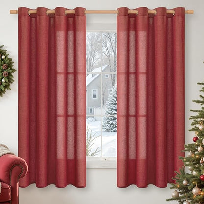 YoungsTex Red Linen Curtains 68 Inch Length for Living Room, Light Filtering Window Drapes with Bronze Grommet Privacy Christmas Decorative for Bedroom, 52 x 68 Inch, 2 Panels