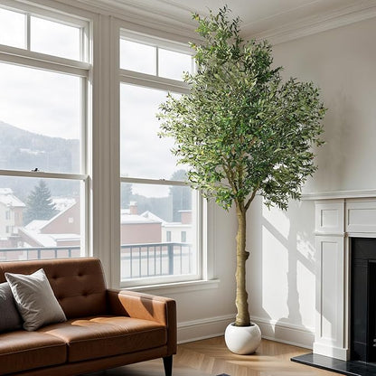 Artificial Olive Tree 10FT, Indoor Fake Silk Plant with Realistic Trunk, Leaves, Fruits and White Planter, Faux Potted Tree for Home Decor and Housewarming Gift, 1 Pack