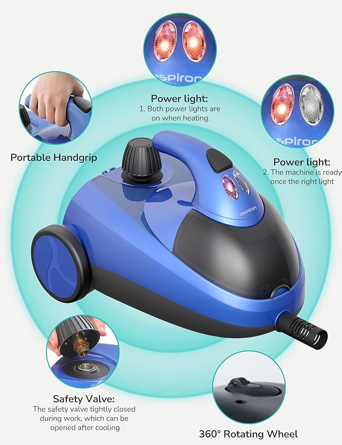 Aspiron Steam Cleaner, 80PSI 293°F Multipurpose Heavy Duty Canister Steamer,Built-In Storage, Handheld Steam Mop for Home Car Upholstery Bed Furniture Carpet Bathroom Tile Grout Floor Cleaning, Blue