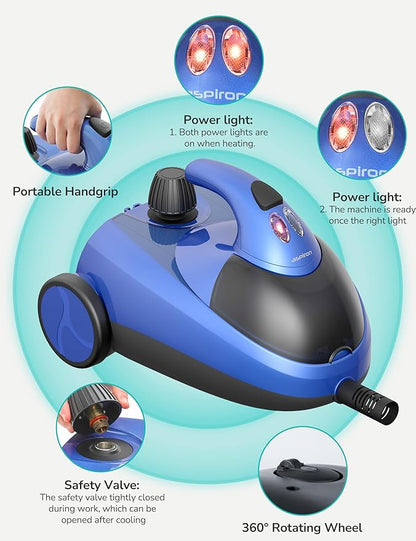 Aspiron Steam Cleaner, 80PSI 293°F Multipurpose Heavy Duty Canister Steamer,Built-In Storage, Handheld Steam Mop for Home Car Upholstery Bed Furniture Carpet Bathroom Tile Grout Floor Cleaning, Blue