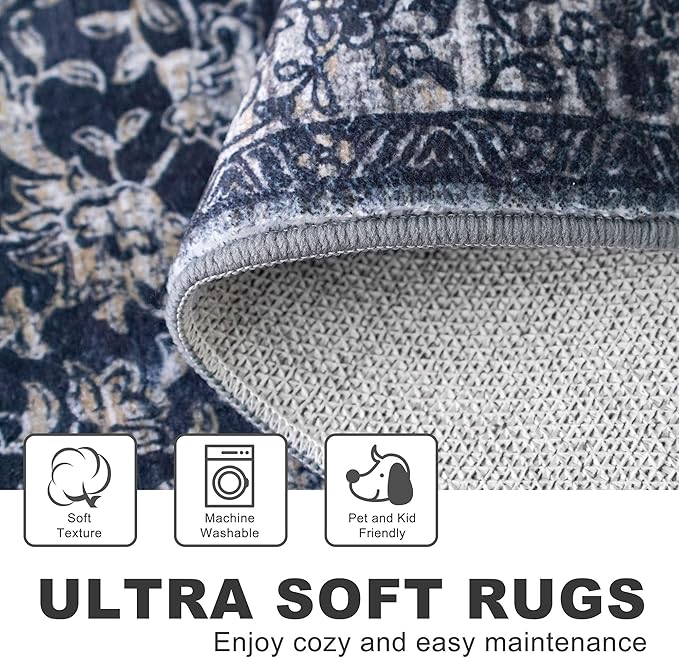 KILOCOCO Area Rug 3x5 Entryway Rug Washable Printed Vintage Floral Rubber Backed Non Slip Indoor Kitchen Rugs for Living Room Laundry Room Playroom Mudroom Moroccan Area Rugs, Navy/Charcoal