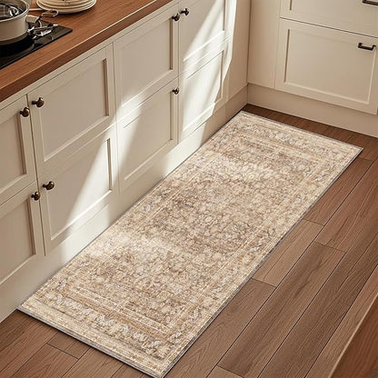 OPPODREAM Thin Vintage Beige 2x6 Runner Rug, 2 x 6 Retro Washable Rug Non Slip, Low-Pile Faux Wool Carpet, Distressed Tan Floor Mat for Kitchen, Hallway, Entry-Way, Entrance, Indoor Back Door