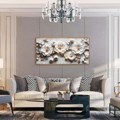 Ouzzlie Floral Wall Decorations White Pictures Modern Framed Poster Wall Art Gold Wall Decor Big Artwork 29"x 59"